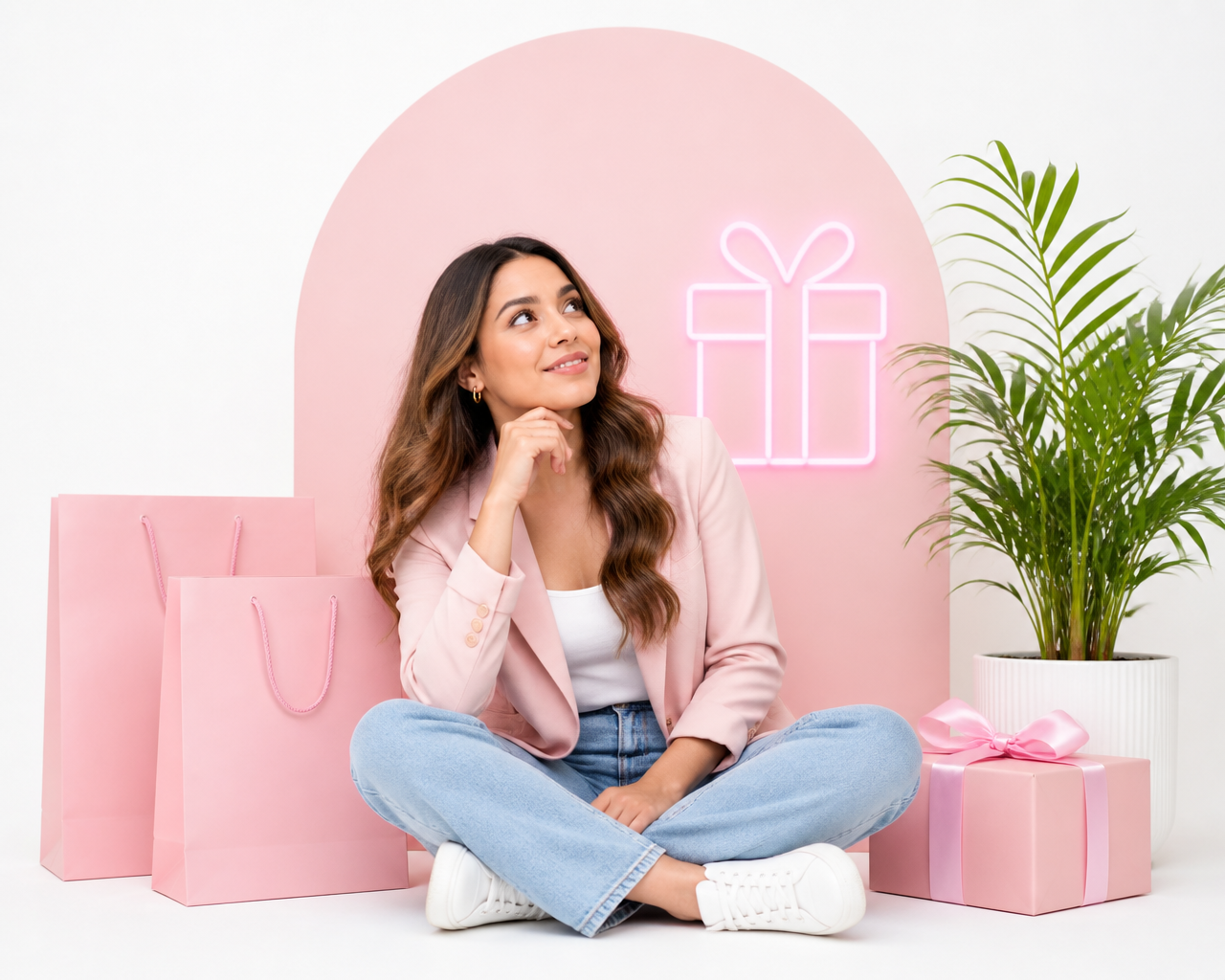 Clienta de Hispanicus sentada con bolsas de compras rosas y un regalo