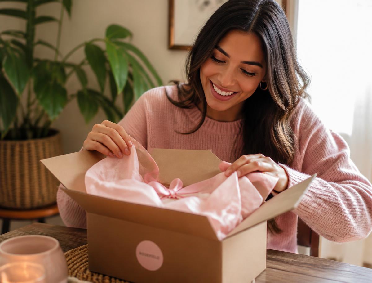 Clienta abriendo con alegría una caja de Hispanicus en casa