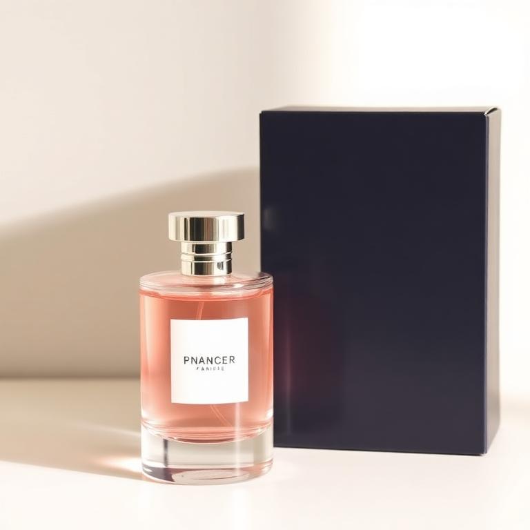 Frasco de perfume junto a una caja navy, representación de una liquidación