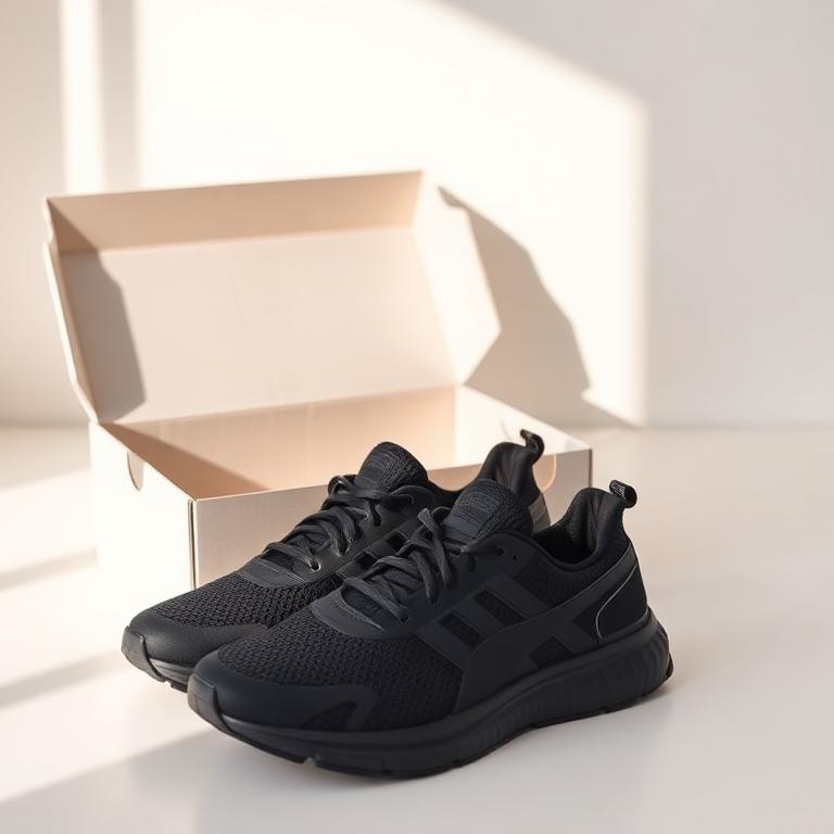 Par de tenis negros junto a su caja, representación de una oferta especial