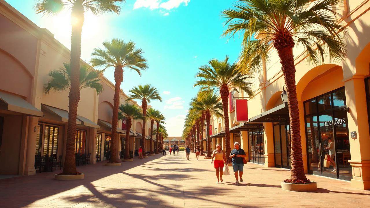 Centro comercial en Houston, Texas, con luz cálida y palmeras, donde se realizan las compras presenciales.