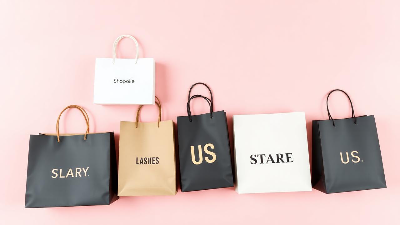 Bolsas de compras de tiendas de Estados Unidos sobre fondo rosa claro.