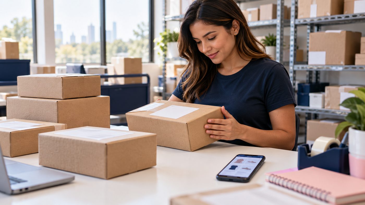 Paquetes de compras en línea recibidos y organizados en un espacio de paquetería en Houston.