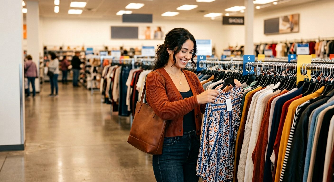 Interior de tienda Ross con racks de ropa de marca y etiquetas de precio
