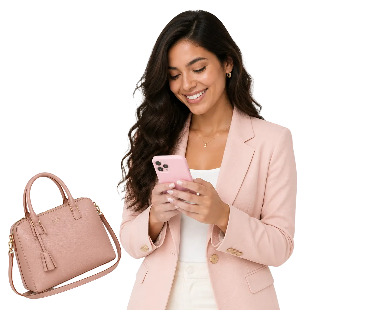 Clienta de Hispanicus comprando desde su celular junto a bolsas y productos de tiendas de Estados Unidos