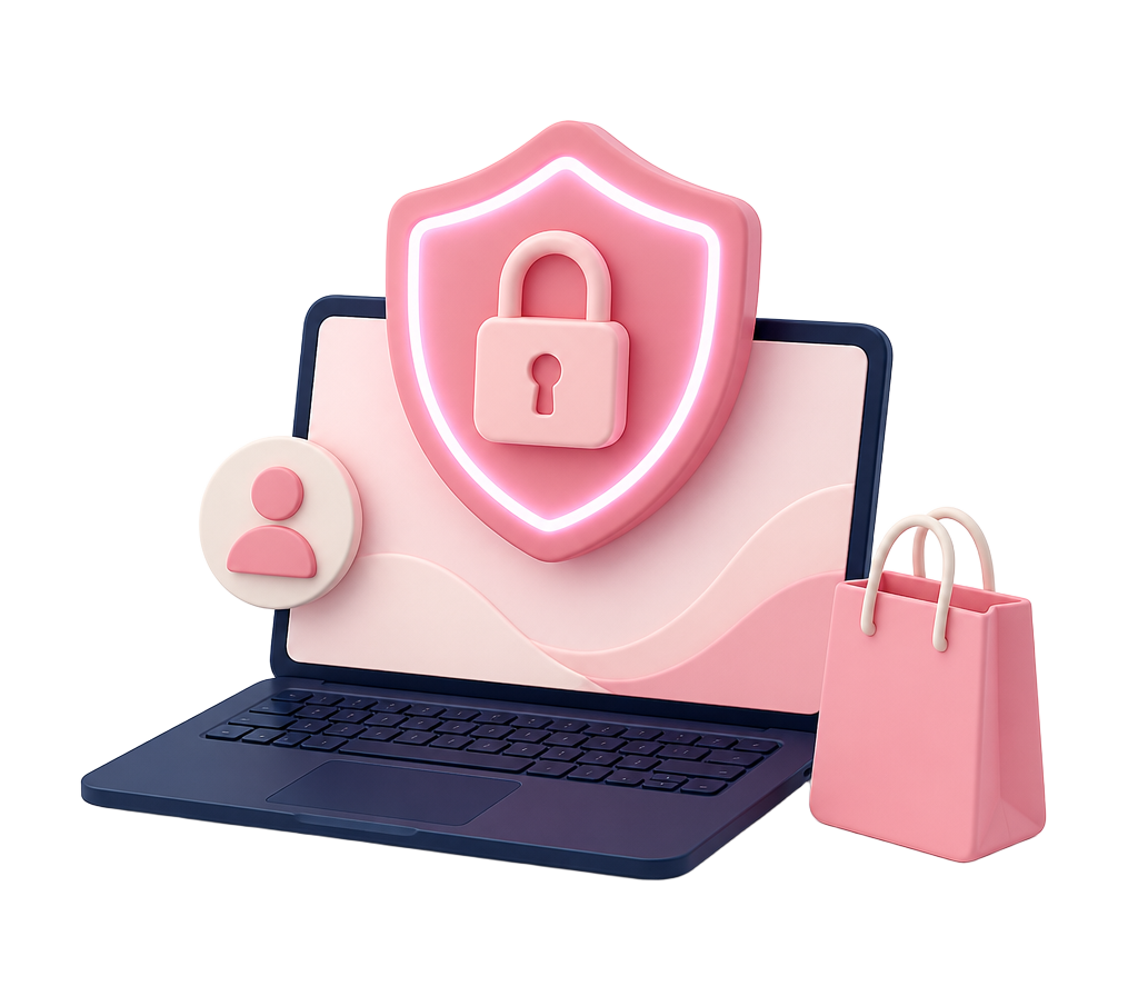 Ilustración de laptop con escudo y candado protegiendo tus datos