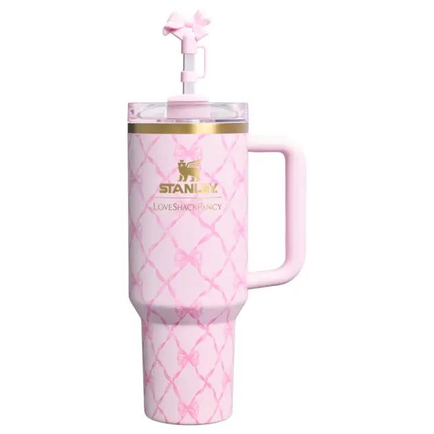 Stanley 1913 x LoveShackFancy Holiday Quencher® H2.0 FlowState™ Tumbler Baby Bow Pink Peppermint